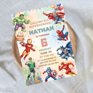 May include: A rectangular birthday invitation card featuring colorful illustrations of various superheroes including Hulk, Thor, Spider-Man, Iron Man, Batman, Green Lantern, Captain America, and The Flash, with text reading CALLING ALL SUPERHEROES! NATHAN IS TURNING 6.