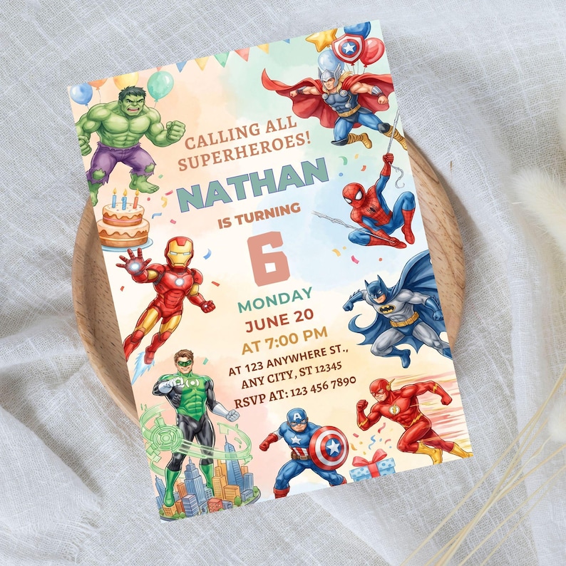 May include: A rectangular birthday invitation card featuring colorful illustrations of various superheroes including Hulk, Thor, Spider-Man, Iron Man, Batman, Green Lantern, Captain America, and The Flash, with text reading CALLING ALL SUPERHEROES! NATHAN IS TURNING 6.