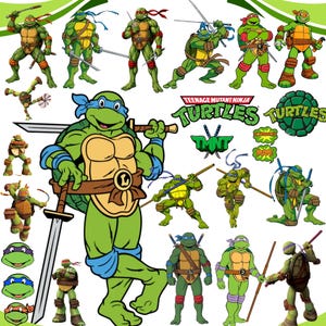 Op de afbeelding: Een verzameling Teenage Mutant Ninja Turtles stickers met verschillende poses van de personages, waaronder Leonardo, Michelangelo, Donatello en Raphael met hun wapens, maskers en het TMNT-logo, plus tekstballonnen met Cowabunga en Dude.