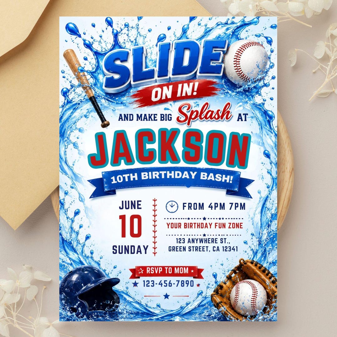 Baseball Pool Party Birthday Invitation, Splash Summer Pool Birthday Invite, Sports Pool P