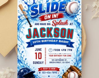 Baseball Pool Party Birthday Invitation, Splash Summer Pool Birthday Invite, Sports Pool Party, Editable Canva Template, Digital download