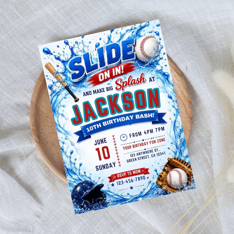 Baseball Pool Party Birthday Invitation, Splash Summer Pool Birthday Invite, Sports Pool Party, Editable Canva Template, Digital download image 7