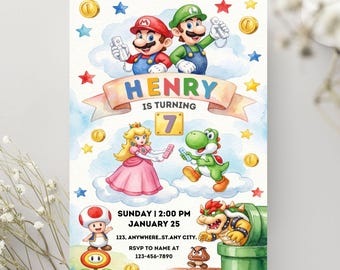 Editable Watercolor Super Mario Birthday Invitation, Printable mario Boy Girl Birthday Invite, Modern Mario Bross Game Invitation Digital