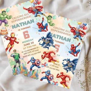 May include: A rectangular birthday invitation card featuring colorful illustrations of various superheroes including Hulk, Thor, Spider-Man, Iron Man, Batman, Green Lantern, Captain America, and Flash, with the text CALLING ALL SUPERHEROES! NATHAN IS TURNING 6.