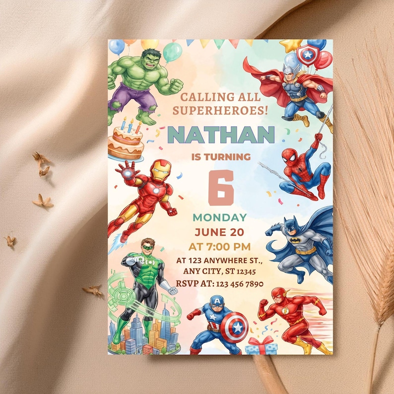 May include: A rectangular birthday invitation card featuring colorful illustrations of various superheroes including Hulk, Thor, Iron Man, Spider-Man, Batman, Green Lantern, Captain America, and The Flash, with text reading CALLING ALL SUPERHEROES! NATHAN IS TURNING 6.