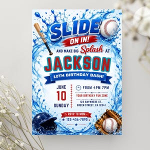 Baseball Pool Party Birthday Invitation, Splash Summer Pool Birthday Invite, Sports Pool Party, Editable Canva Template, Digital download image 8