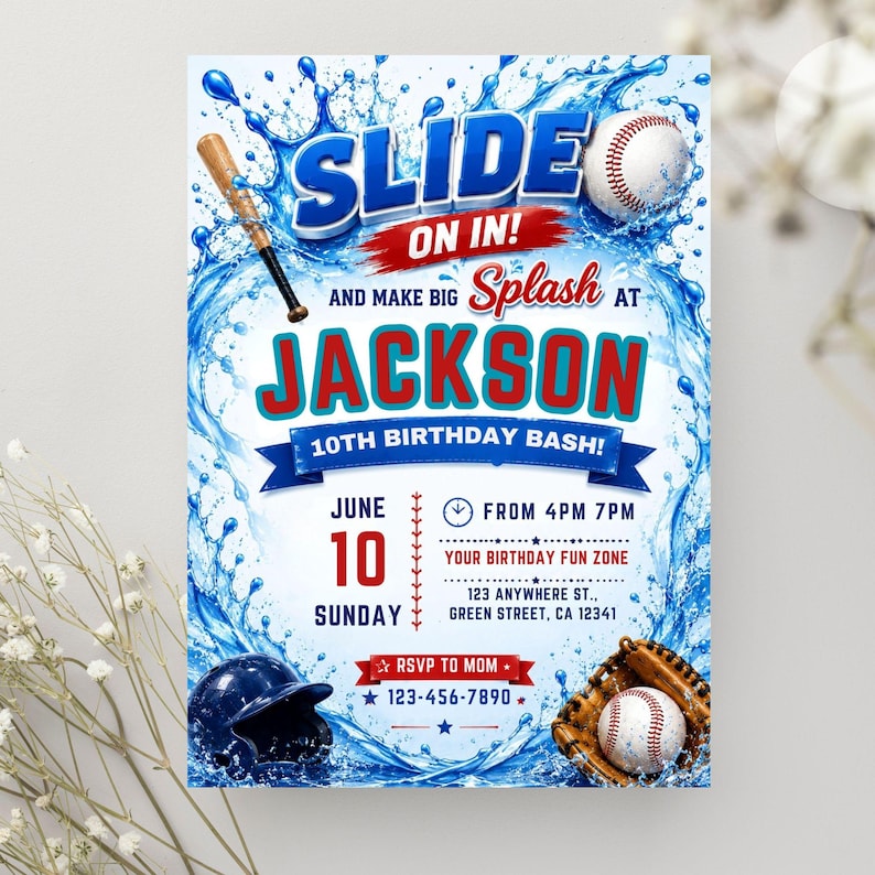 Baseball Pool Party Birthday Invitation, Splash Summer Pool Birthday Invite, Sports Pool Party, Editable Canva Template, Digital download image 8