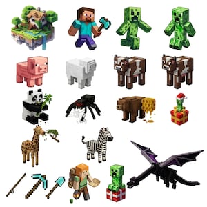 Puede incluir: Una colección de personajes, animales y objetos pixelados de Minecraft que incluye a Steve, Alex, un dragón, creepers, un cerdo, oveja, vaca, panda, araña, oso, jirafa, cebra y varias herramientas sobre un fondo blanco.