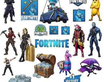 Pacote de PNGs de jogos de fortaleza, PNGs de jogos de tiro, pacote de cliparts de jogos, designs de decoração para quarto de gamer para adesivos e impressões, jogo noturno, download digital