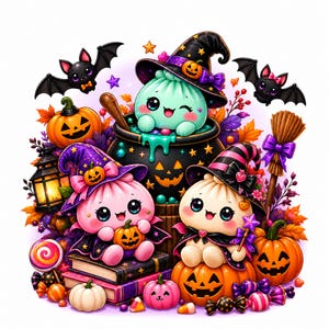 May include: A colorful Halloween illustration featuring three cute, round characters wearing witch hats. One sits in a black cauldron, while the others sit on books and a pumpkin. The scene includes jack-o'-lanterns, bats, a broom, and candy.