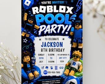 Editable Roblox Pool Party Birthday Invitation | Printable Canva Boys Birthday Template | Summer Pool Party | Digital Download