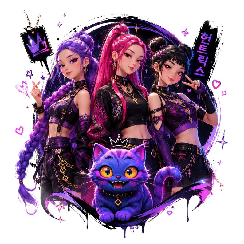 Kpop Demon Hunters PNG, Saja Boys Girls Bands, Kpop png Huntrix png, Design de camiseta de grupo de ídolos Kpop, Download instantâneo imagem 1