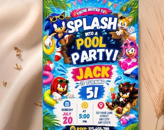 Sonic Pool Party Birthday Invitation, Editable Sonic Canva Template, Sonic Birthday Invite for boys, Summer Party Digital Download