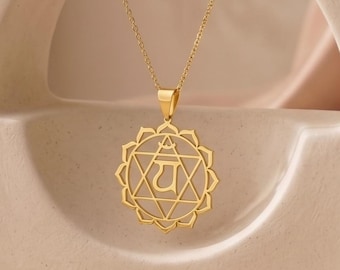 Collar con el símbolo del corazón Om de oro de 14 quilates / Colgante con el símbolo Aum del mantra Yam Anahata / Collar de amor incondicional / Amuleto de sanación espiritual