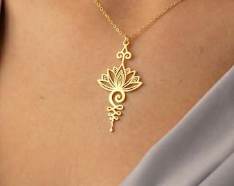 Collar Unalome de flor de loto de oro de 14 quilates / Joyería de chakras para yoga / Collar sánscrito - Amuleto de símbolo espiritual / Collar de geometría sagrada