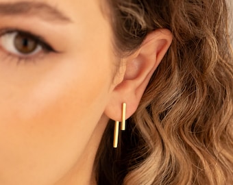 Pendientes de barra de oro / Pendientes de barra fina / Pendientes geométricos sencillos / Pendientes hipoalergénicos para uso diario