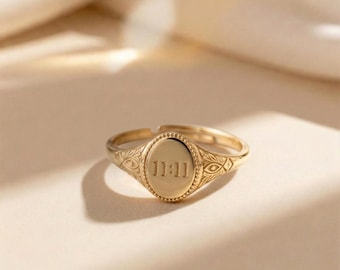 Anillo de sello de oro grabado 11:11 / Anillo vintage ajustable personalizado / Anillo de oro minimalista / Regalo para ella / Joyería espiritual