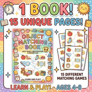 Puede incluir: Un colorido libro de actividades para niños titulado "Object Matching Book" con el texto "1 Book! 15 Unique Pages!" y "Learn & Play! - Ages 4-8". El libro presenta ilustraciones de varios objetos y juegos de emparejamiento.