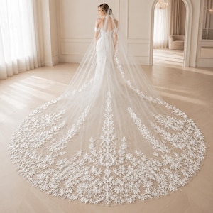 Cathedral Wedding Veil, Soft Tulle, Heavy Lace Applique, Bridal Hair Accessory, 138" Long