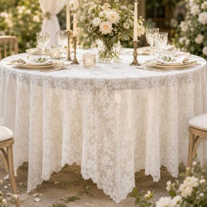 Floral Lace Tablecloth, Vintage Wedding Table Cover, French Country Linen Overlay