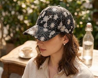 Floral Lace Baseball Cap, Elegant Embroidered Sun Hat for Women, Breathable Summer Mesh Hat, Boho Floral Cap, Mother's Day Gift for Her