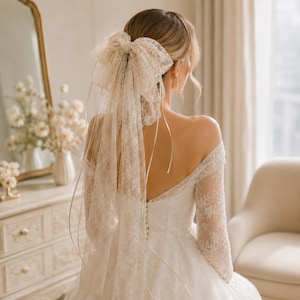 Vintage Lace Bow Wedding Veil, Short Tulle Hair Clip, Coquette Bridal Accessory
