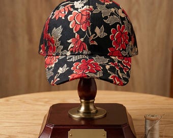 Vintage Floral Brocade Baseball Cap | Black Red Gold Oriental Jacquard Dad Hat