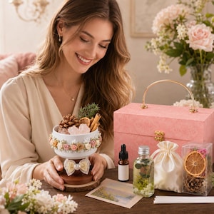 Può includere: Una ciotola in ceramica bianca decorata con piccoli fiori in tessuto e un fiocco, riempita con pigne, bastoncini di cannella e fette di arancia essiccata. Include una scatola rosa, un flacone contagocce, una bottiglia in vetro e un sacchetto.