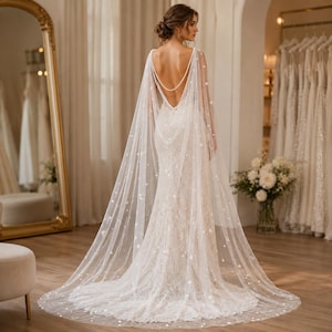 Pearl Bridal Cape Veil, Floral Tulle Shoulder Cape, Draped Chain Wedding Accessory
