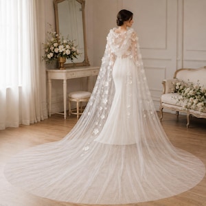 3D Floral Applique Bridal Cape with Pearls, Soft Tulle Wedding Cloak (Cathedral Length)