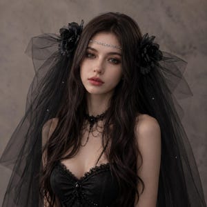 May include: A black veil featuring two large black fabric flowers on the sides, paired with a delicate silver-toned rhinestone headpiece worn across the forehead. The ensemble includes a black lace choker with dangling chain details and a black bodice.