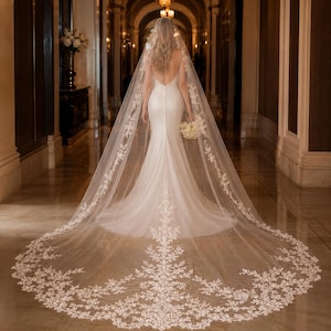 Floral Lace Cathedral Wedding Veil, Soft Tulle Royal Train Bridal Accessory