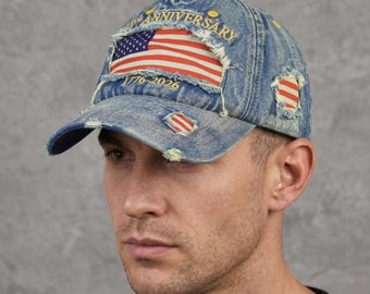 Distressed Denim American Flag Baseball Cap | USA 250th Anniversary Dad Hat