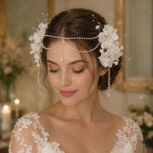 May include: A white floral headpiece featuring fabric flowers, delicate pearl strands draped across the forehead, and a central teardrop pearl accent. The accessory includes thin wire stems with small pearl tips and dangling pearl chains on both sides.