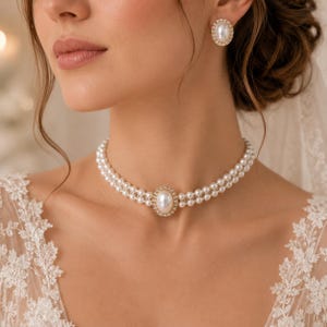 Faux Pearl Choker Set, Oval Rhinestone Bridal Necklace, 925 Silver Earrings, Retro Black Gem