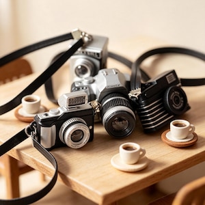 Może przedstawiać: Kolekcja miniaturowych aparatów fotograficznych w kolorze czarnym i srebrnym, z różnymi stylami obiektywów i czarnymi paskami, ustawionych obok kilku maleńkich białych filiżanek do kawy na małych drewnianych spodkach.