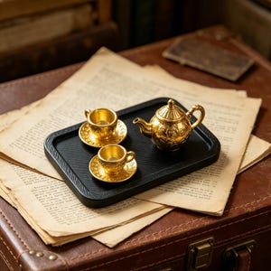 Miniatur Puppenhaus Tee-Set | 1:12 Maßstab Gold / Silber Vintage Teekanne Set, PLA Tablett & Legierung