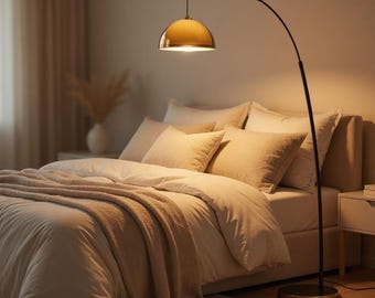 Lámpara de pie de arco con cúpula dorada | Lámpara de pie con base de mármol nogal | Iluminación para sala de estar de mediados de siglo | Lámpara alta regulable | Decoración japonesa para el hogar