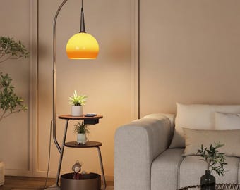 Floor Lamp with Shelf Table | Arc Pendant Glass Lamp Side Table Integrated | Boho Living Room Light | Mid Century Decor | Unique Home Gift