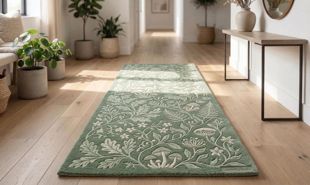 Sage Green Botanical Wool Runner Rug, Hand-tufted Floral Hallway Rug - Etsy