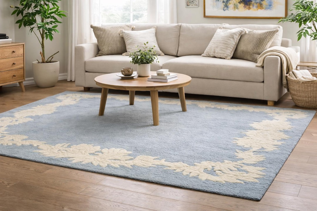 Pulse Border Rug Hand-tufted Wool Botanical Border Rug, Blue Cream Floral Area Carpet - Etsy