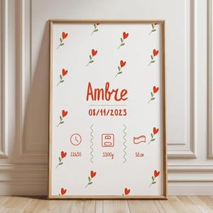 Affiche naissance personnalisée fleur cœur | Poster bébé prénom date| Affiche naissance colorée| Décoration chambre bébé | Birth stats print