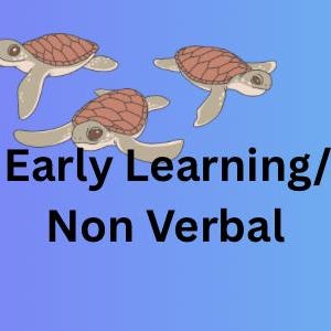 Puede incluir: Gráfico digital con fondo azul degradado. El texto dice "Digital / Printable/ Early Learning/ Support Workers/ Non Verbal". Ilustraciones de tortugas marinas, conchas y estrellas de mar.