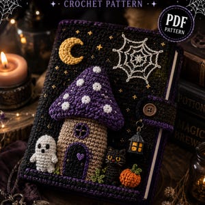 May include: A black crochet book cover featuring a purple mushroom house, a white ghost, a black cat, an orange pumpkin, a yellow crescent moon, and a white spiderweb. The cover includes a brown button closure with a small hanging lantern charm.