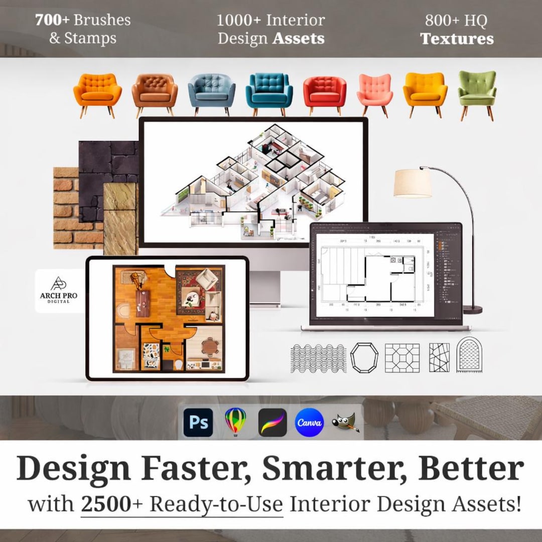Interior Design Assets Bundle | Procreate, Photoshop, Canva Toolkit ...