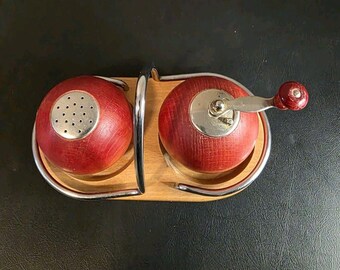 Red Wood & Metal Salt Shaker Pepper Grinder Set with Tray and Holder