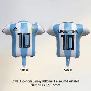 May include: Argentina jersey-shaped balloon, featuring the number 10. The front displays the Adidas logo and the team's emblem. The back of the balloon reads "ARGENTINA" above the number 10. The balloon measures 20.3 x 22.8 inches.