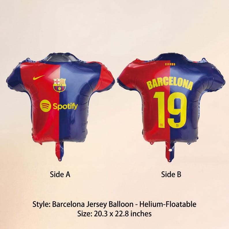 May include: A pair of Barcelona jersey-shaped balloons. Side A features the Spotify logo and team emblem. Side B displays "BARCELONA" and the number "19". The balloons are red and blue, measuring 20.3 x 22.8 inches.