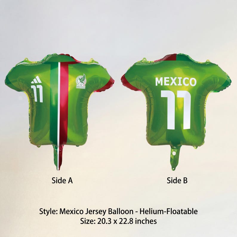 May include: Green Mexico jersey-shaped balloon with white number 11 on the front and back. The front has a vertical red and green stripe, and the back says "MEXICO". The balloon is 20.3 x 22.8 inches.