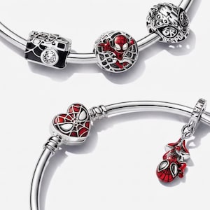 Pode incluir: Uma pulseira de prata com vários berloques temáticos do Homem-Aranha, incluindo uma câmera, um berloque esférico de teia com uma figura vermelha, uma conta estilo quadrinhos, um berloque de coração com teia vermelha e preta e um berloque pendente vermelho e preto.